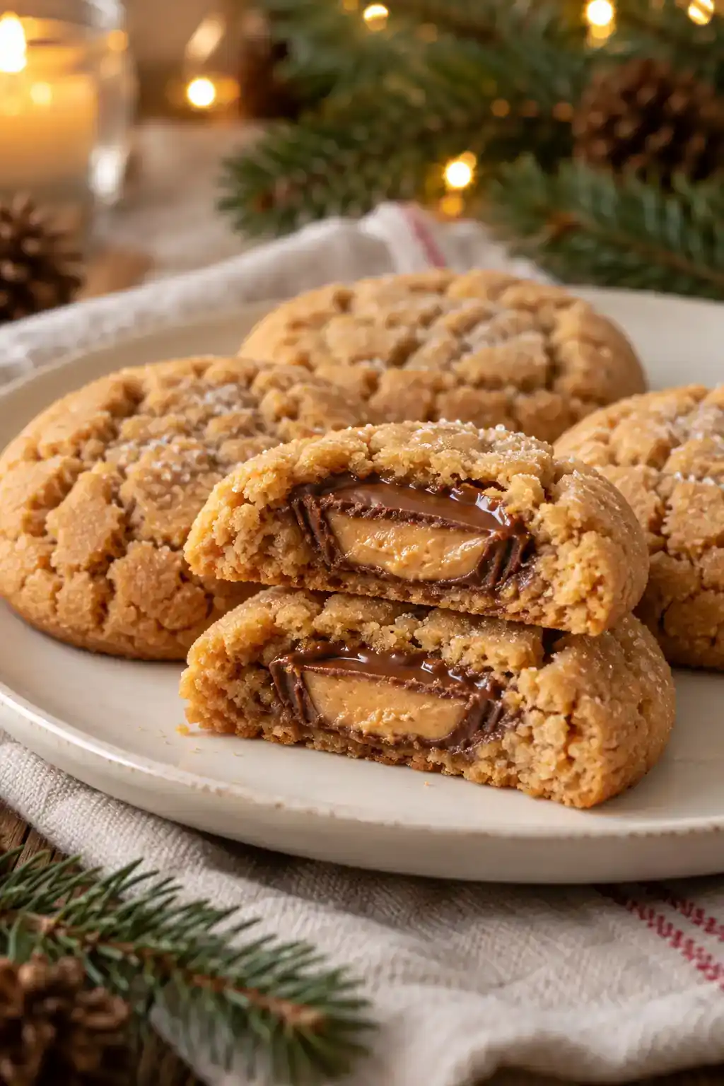 Reese’s Stuffed Peanut Butter Cookies: cut peanut butter cookies revealing chocolate peanut butter cups enclosed inside.