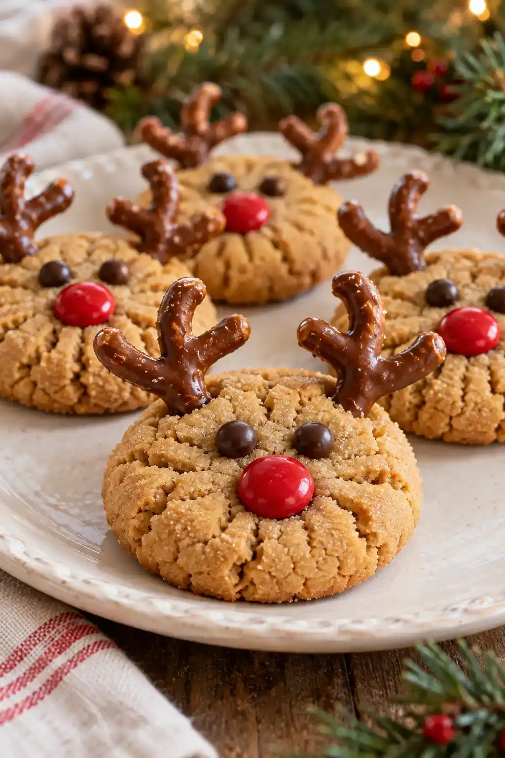 Reindeer Peanut Butter Cookies: peanut butter reindeer faces with pretzel antlers, red candy noses and chocolate-chip eyes.