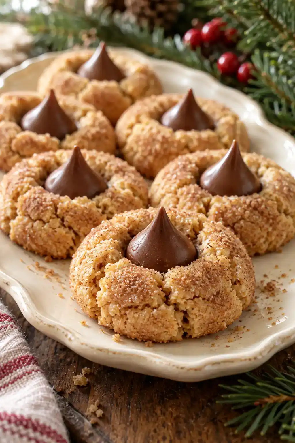 Snickerdoodle Peanut Butter Blossoms: golden round cookies with chocolate kiss-shaped centers on a ceramic plate.