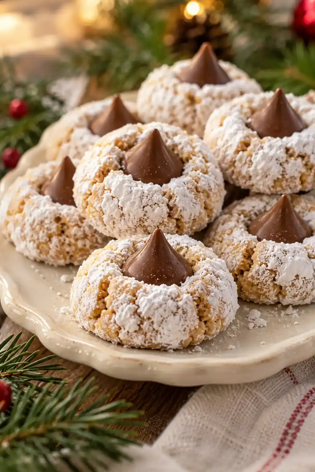 Snowball Peanut Butter Blossoms: peanut butter blossoms covered in powdered sugar around chocolate centers.