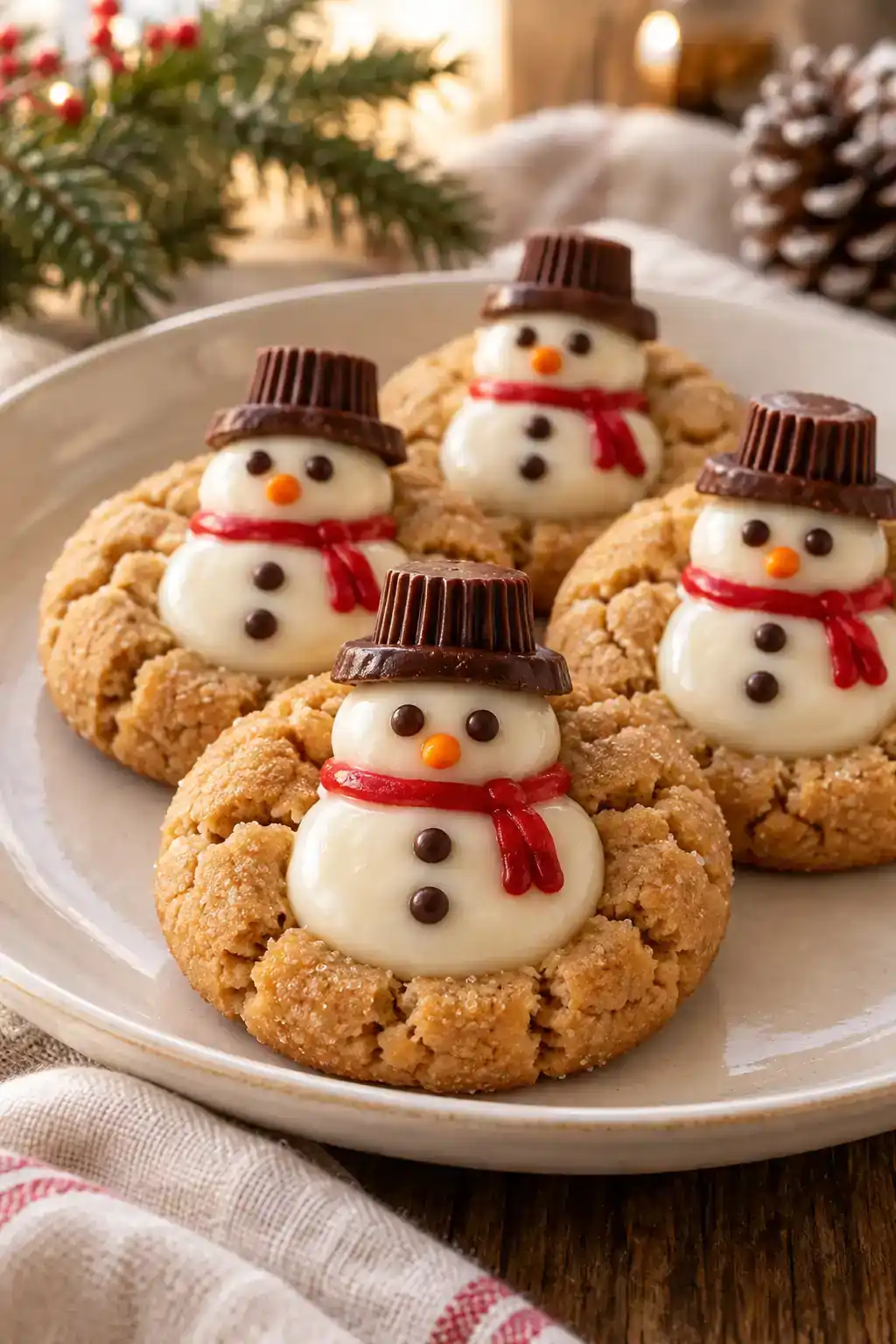 Snowman Peanut Butter Cookies: peanut butter cookies topped with white snowman-shaped decorations and miniature chocolate cup hats.