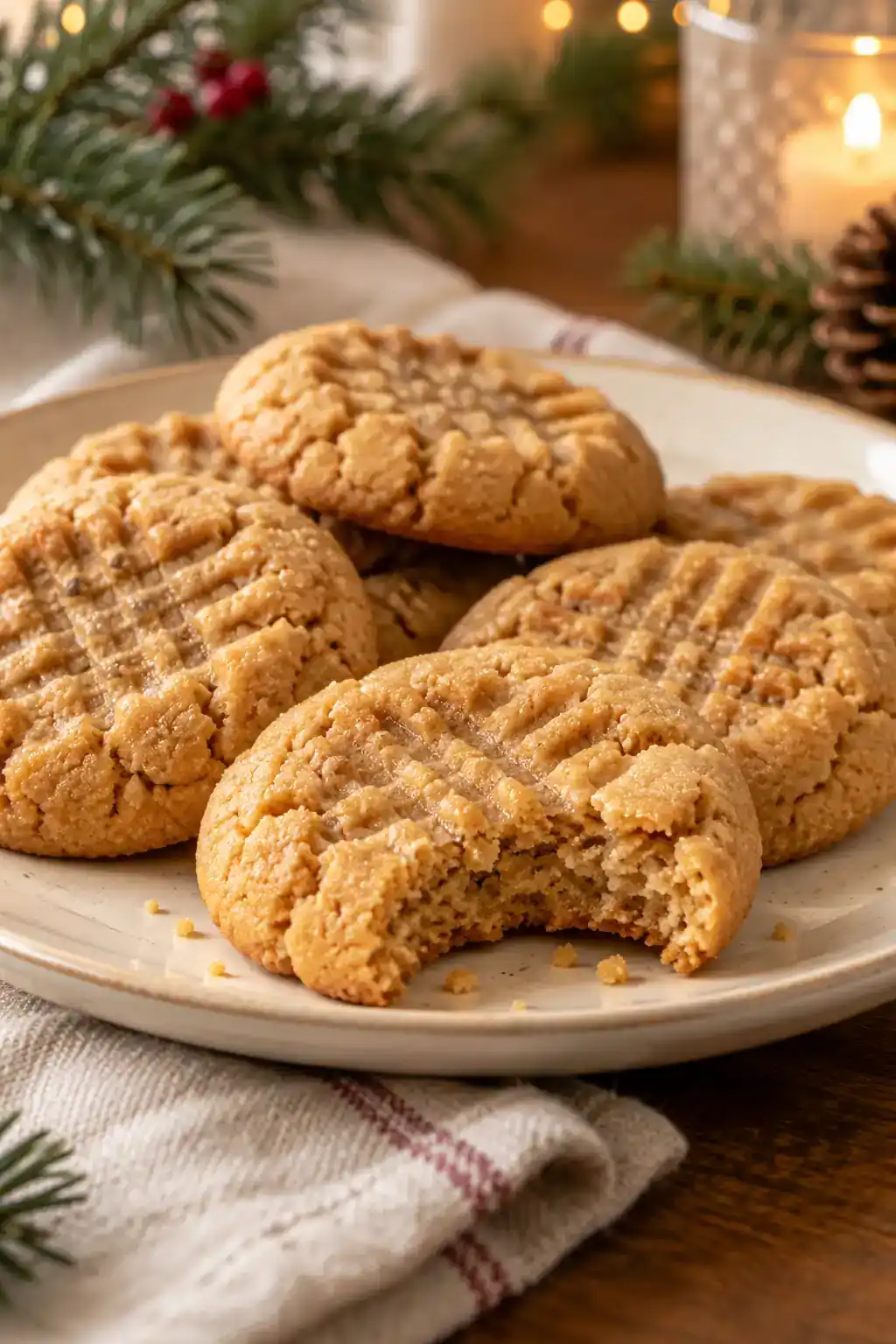 Soft and Chewy Peanut Butter Cookies: golden peanut butter cookies with fork markings and a visible crumb.