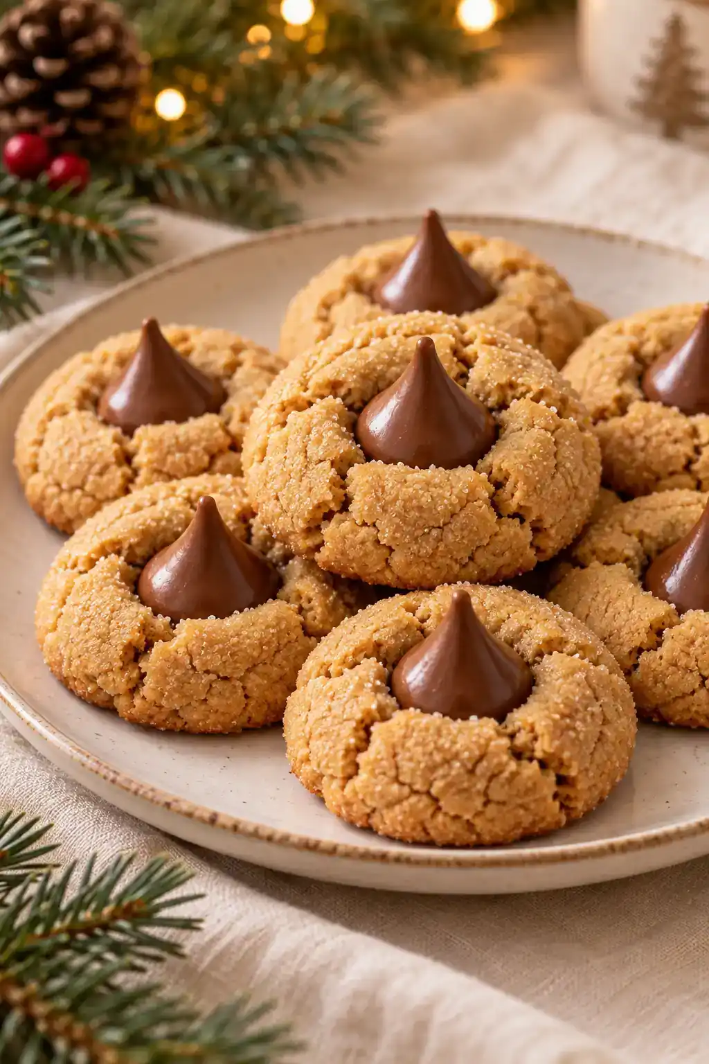 Soft & Chewy Peanut Butter Blossoms: golden round cookies with chocolate kiss-shaped centers on a ceramic plate.