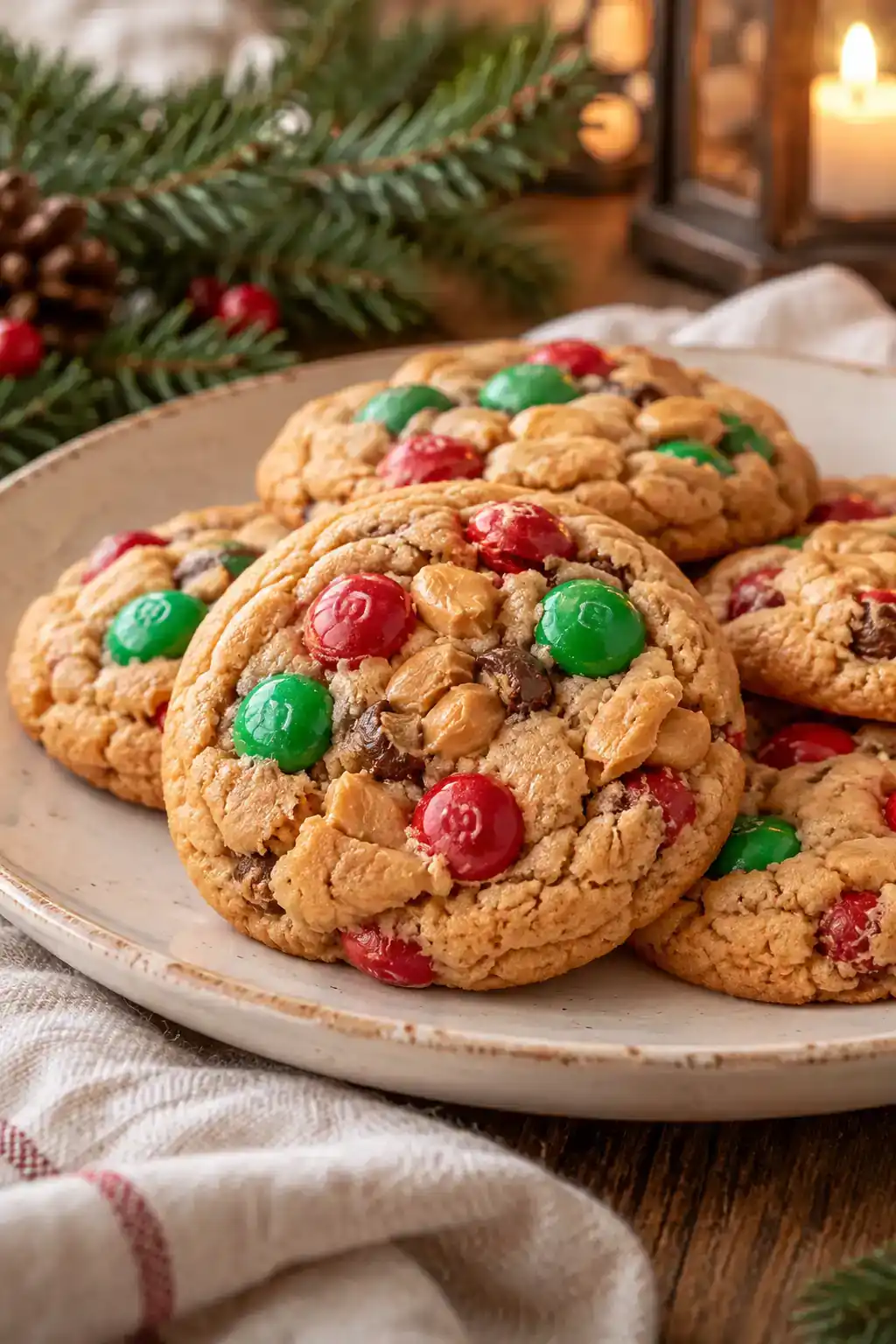 Soft M&M Peanut Butter Cookies: round peanut butter cookies dotted with red and green candy-coated chocolates.