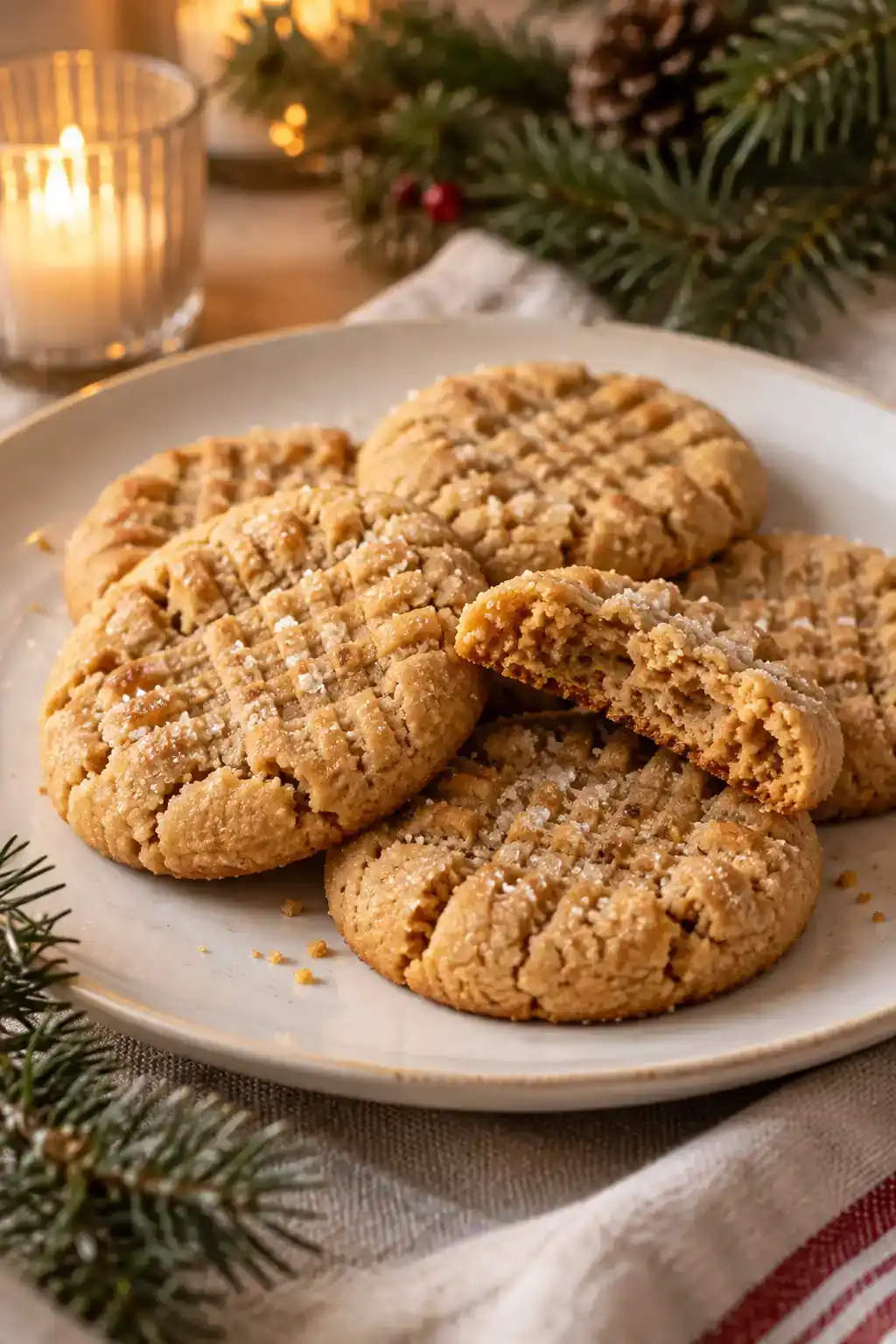 Soft Peanut Butter Cookies: golden peanut butter cookies with fork markings and a visible crumb.