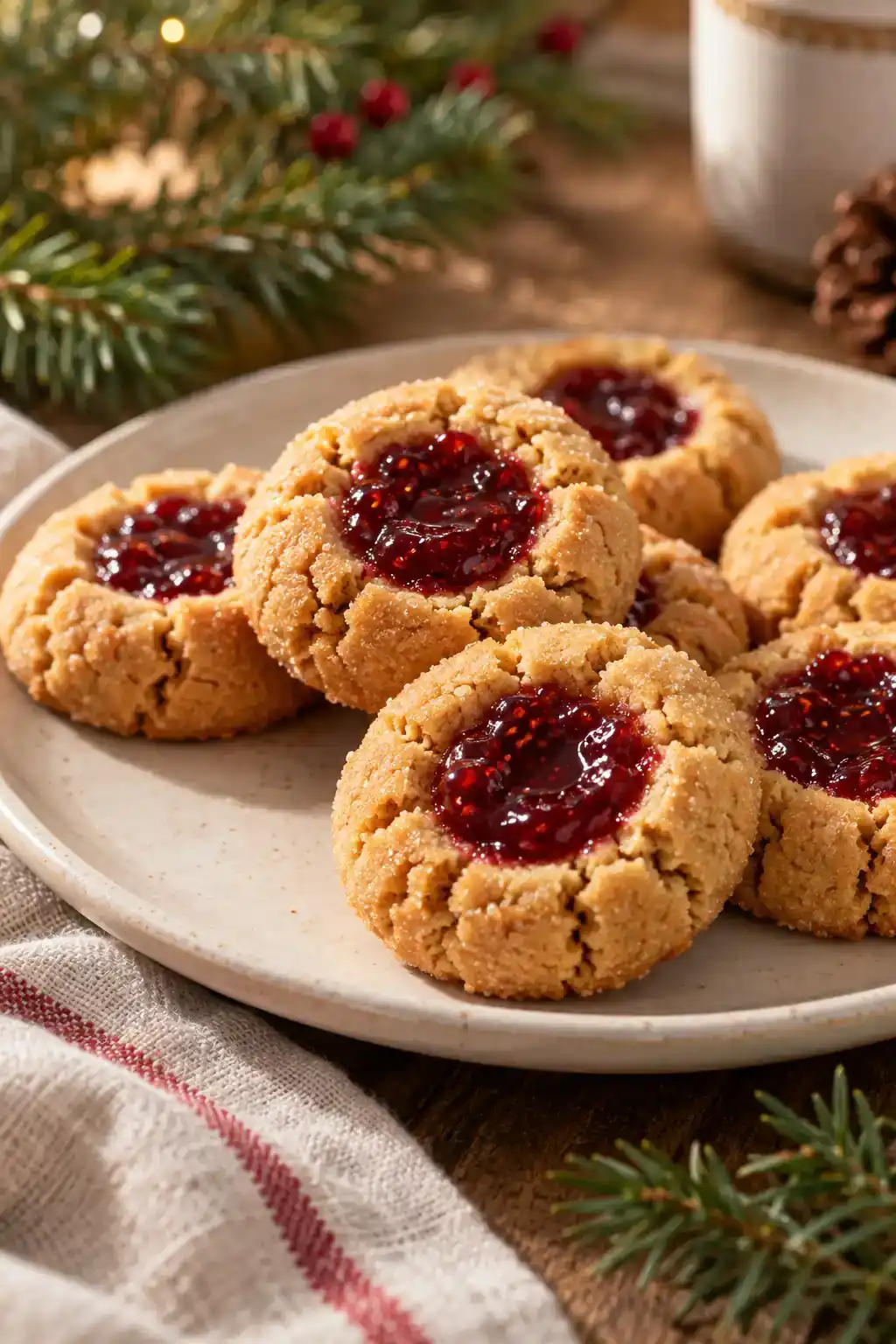 Strawberry Jam Peanut Butter Thumbprint Cookies: peanut butter thumbprints with red strawberry jam centers.