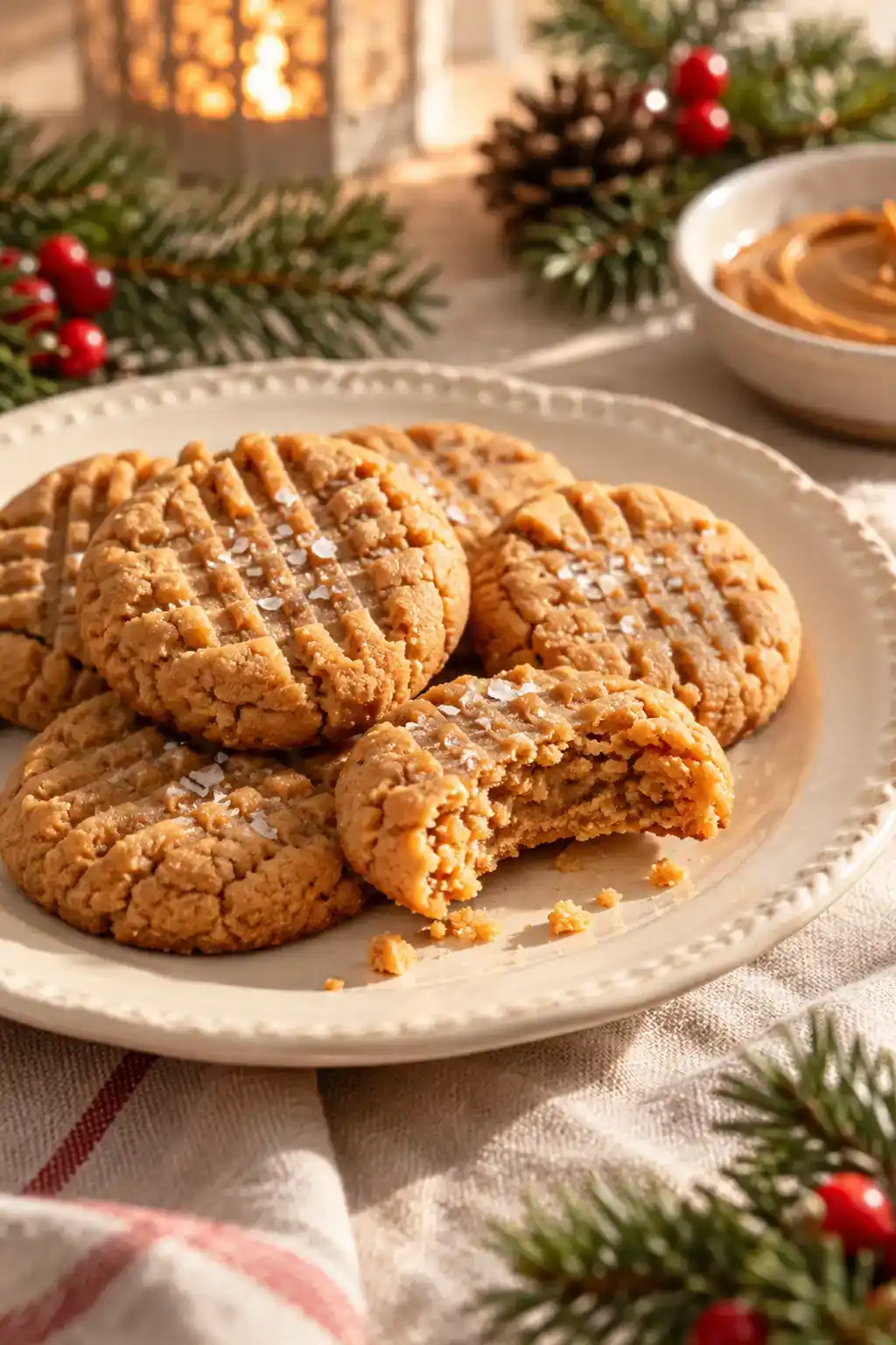 Sugar-Free Peanut Butter Cookies: golden peanut butter cookies with fork markings and a broken cookie showing the crumb.