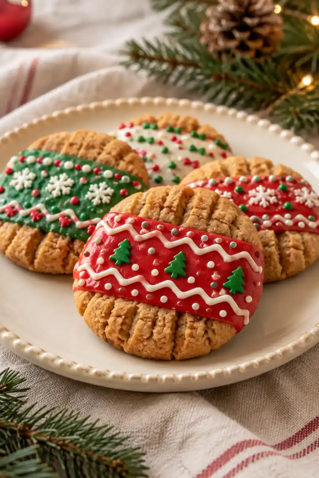 Ugly Sweater Peanut Butter Cookies: round peanut butter cookies decorated with colorful sweater-style icing patterns.