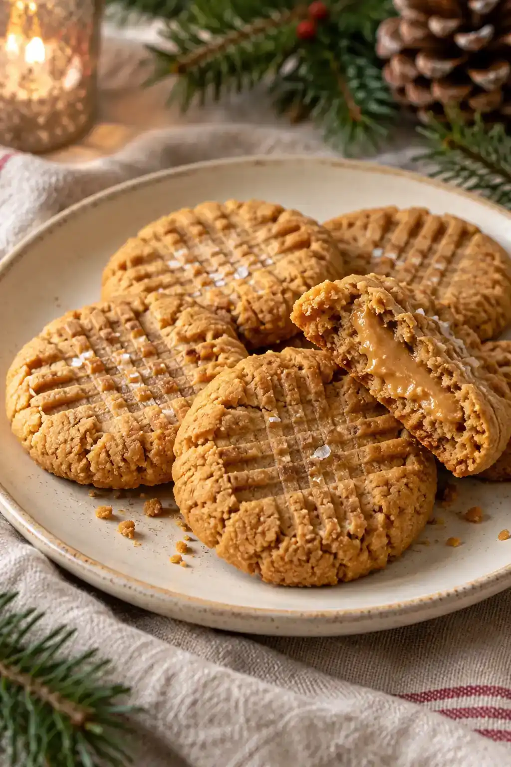 Vegan Peanut Butter Cookies: golden peanut butter cookies with fork markings and a broken cookie showing the crumb.
