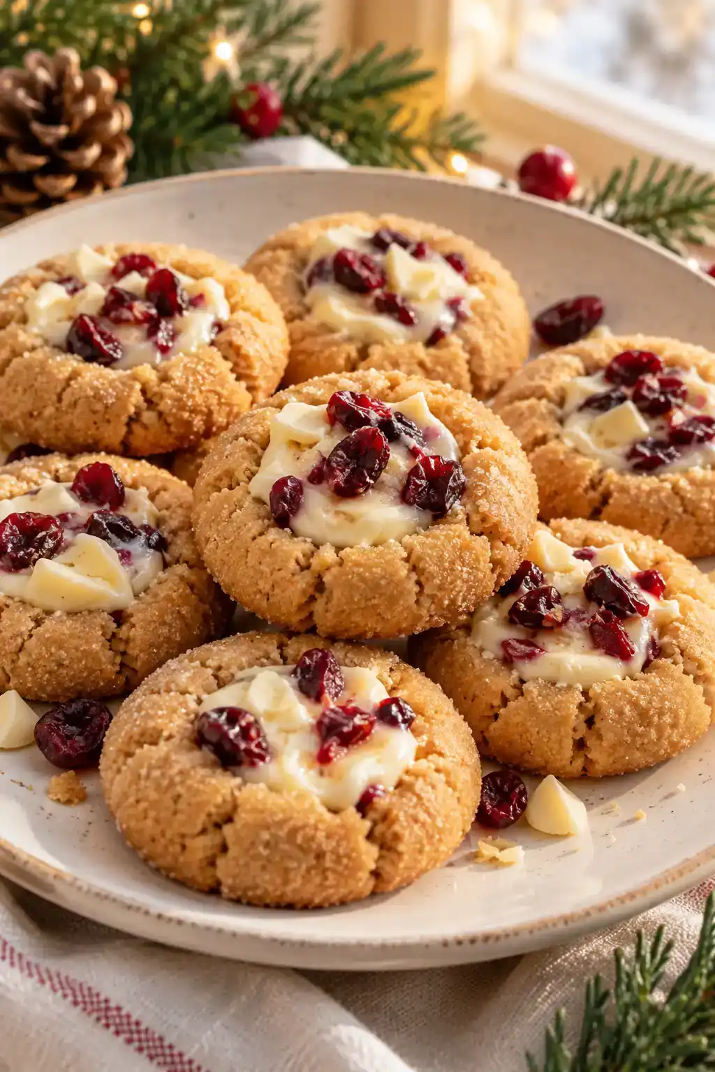 White Chocolate Cranberry Peanut Butter Thumbprints: peanut butter cookies with white-chocolate pieces and red cranberry accents.