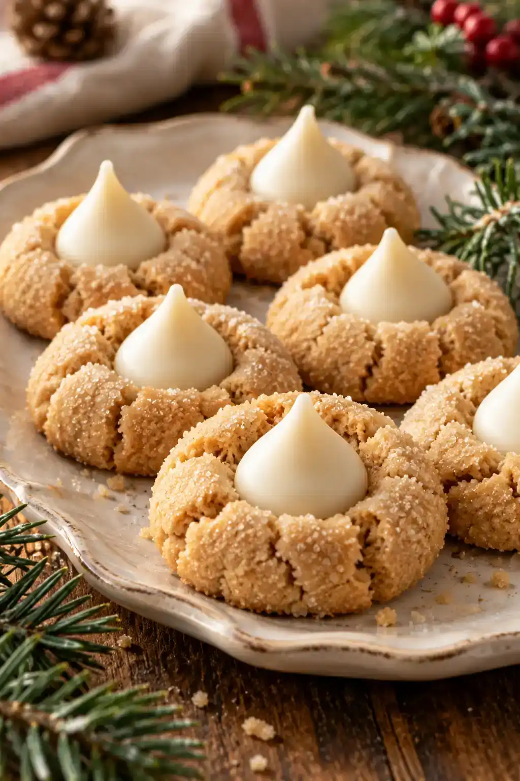 White Chocolate Peanut Butter Blossoms: golden peanut butter blossoms topped with white-chocolate centers.
