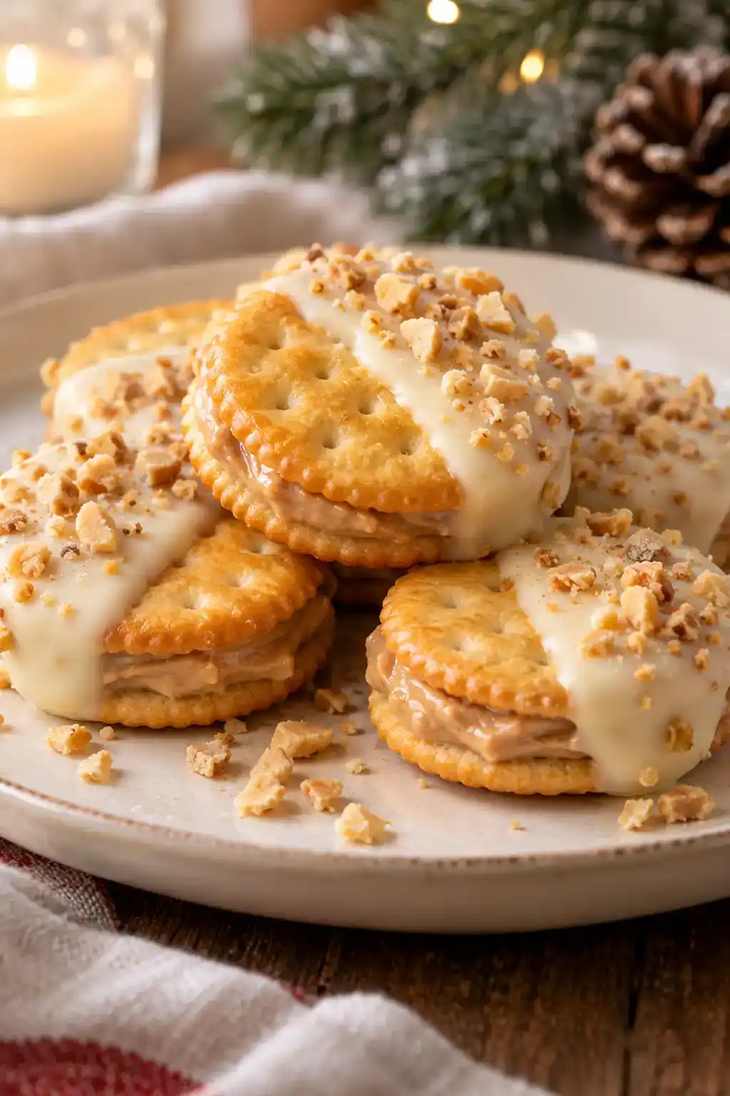 White Chocolate Peanut Butter Ritz Cookies: round peanut butter cracker sandwiches coated in white chocolate.