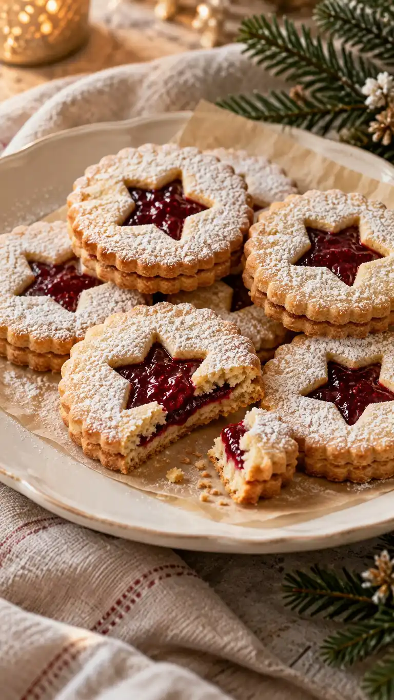 Almond-flour shortbread sandwiches reveal raspberry jam through small star windows.