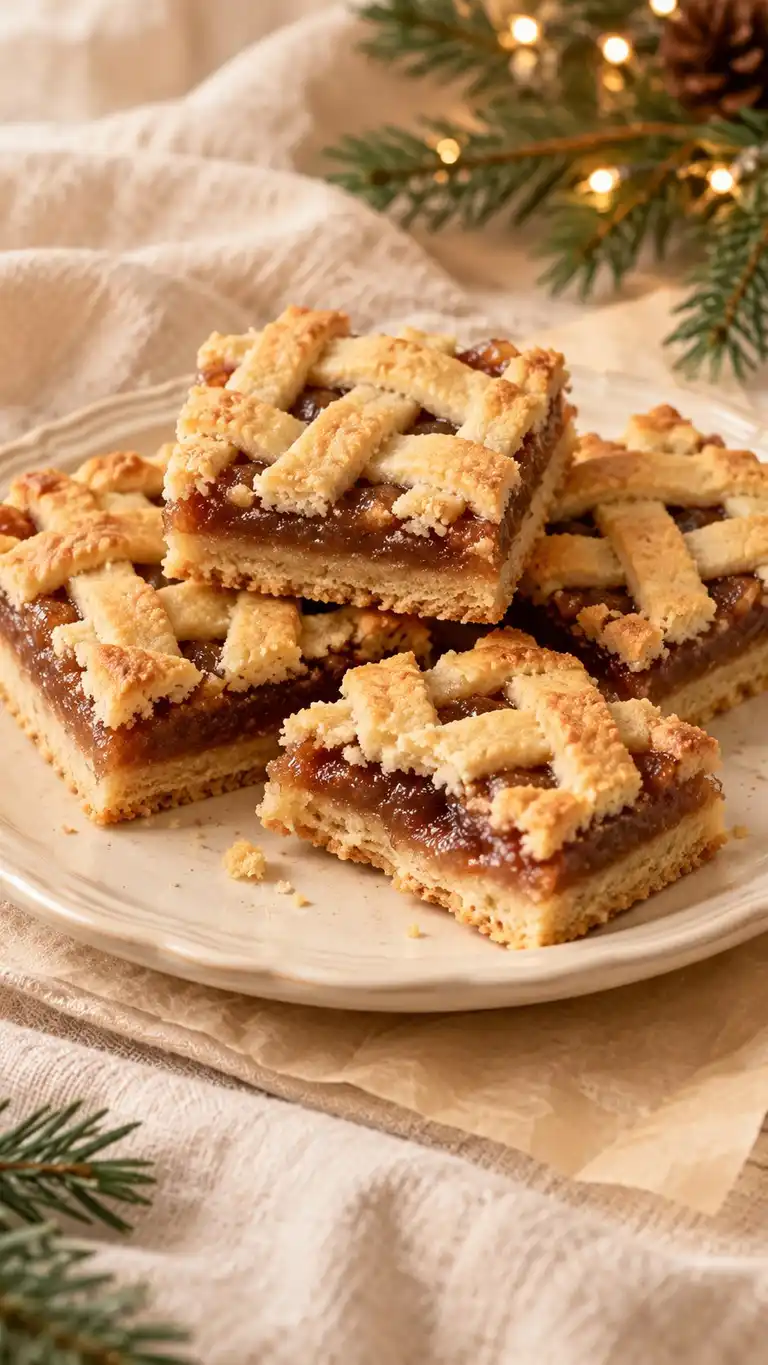A jam-tart-style shortbread bar with a reduced apple filling and a true pastry lattice.