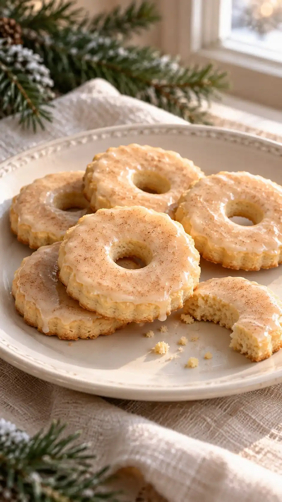 Pressed shortbread rings bake pale and crisp before receiving a thin glaze made with reduced apple cider and a pinch of cinnamon.