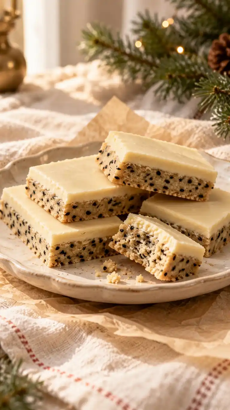 A pressed black-sesame meal shortbread slab with a thin ivory chocolate cap.