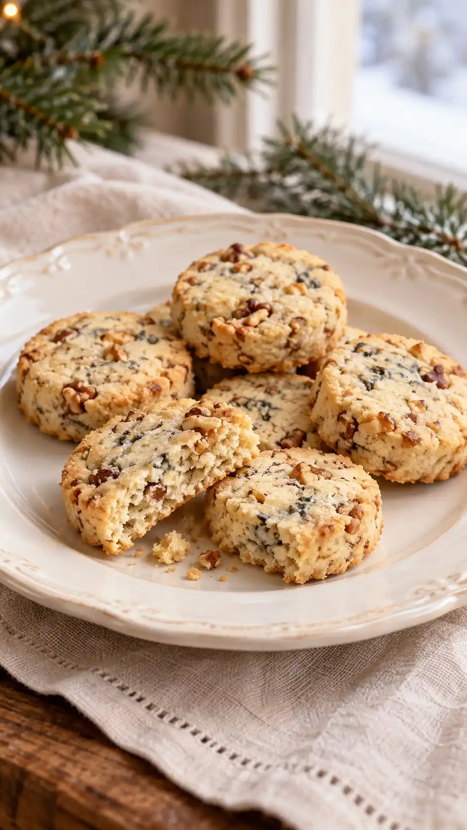 Sharp blue cheese and toasted walnut make compact savory buttons with a sandy, crumbly texture for a holiday appetizer board.