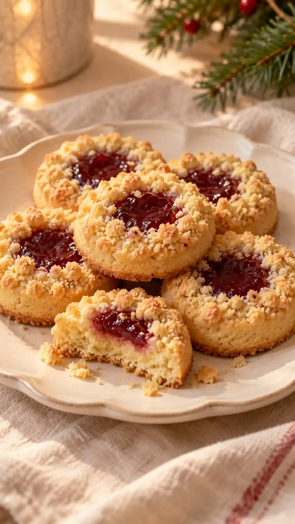 Individual browned-butter shortbread jammers baked in muffin wells with a jam center and dry crumble rim.