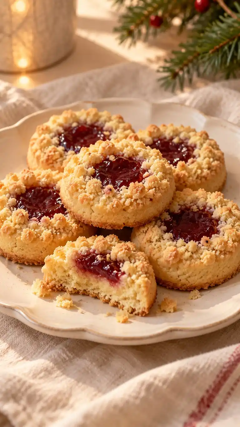 Individual browned-butter shortbread jammers baked in muffin wells with a jam center and dry crumble rim.