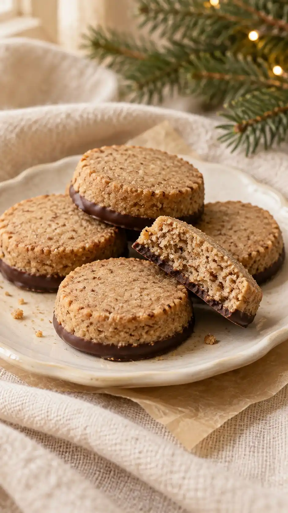 Buckwheat-and-almond shortbread rounds with a sandy nut crumb and dark chocolate feet.