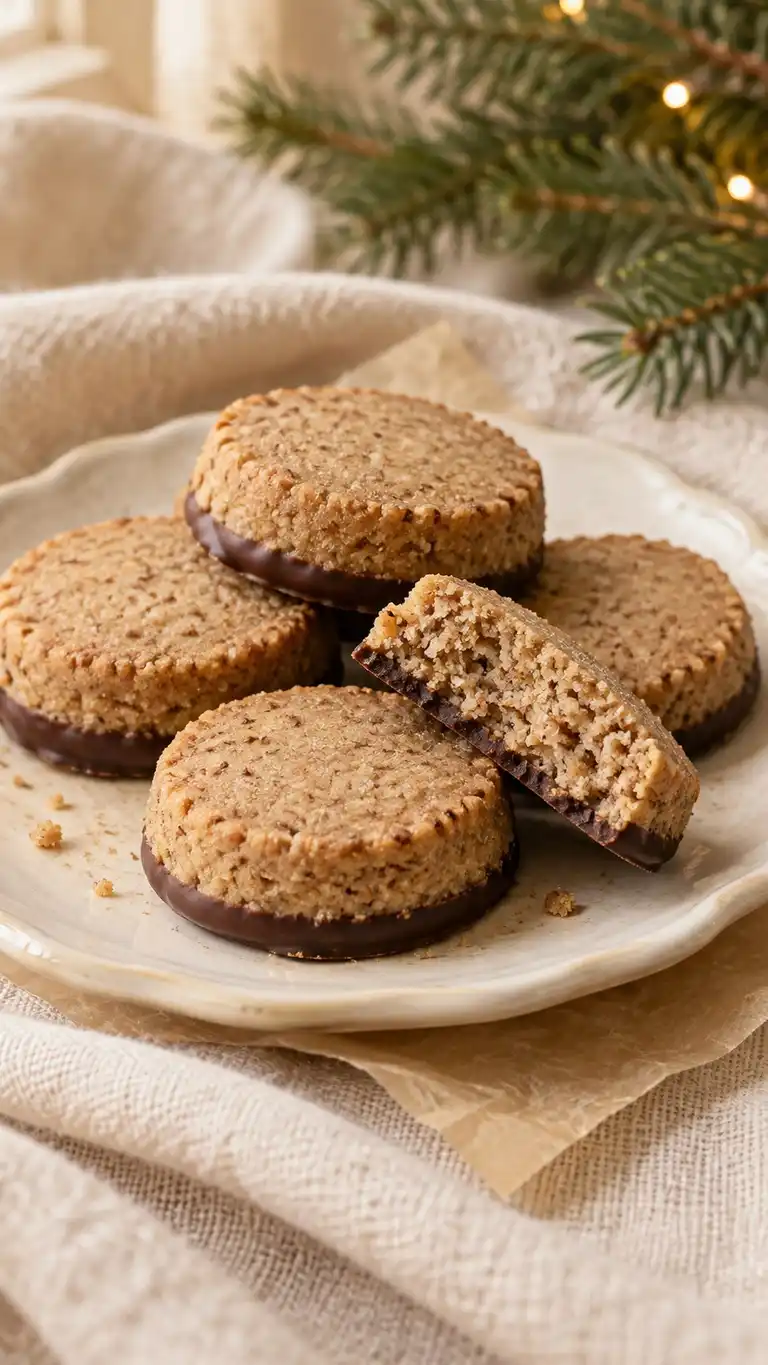 Buckwheat-and-almond shortbread rounds with a sandy nut crumb and dark chocolate feet.