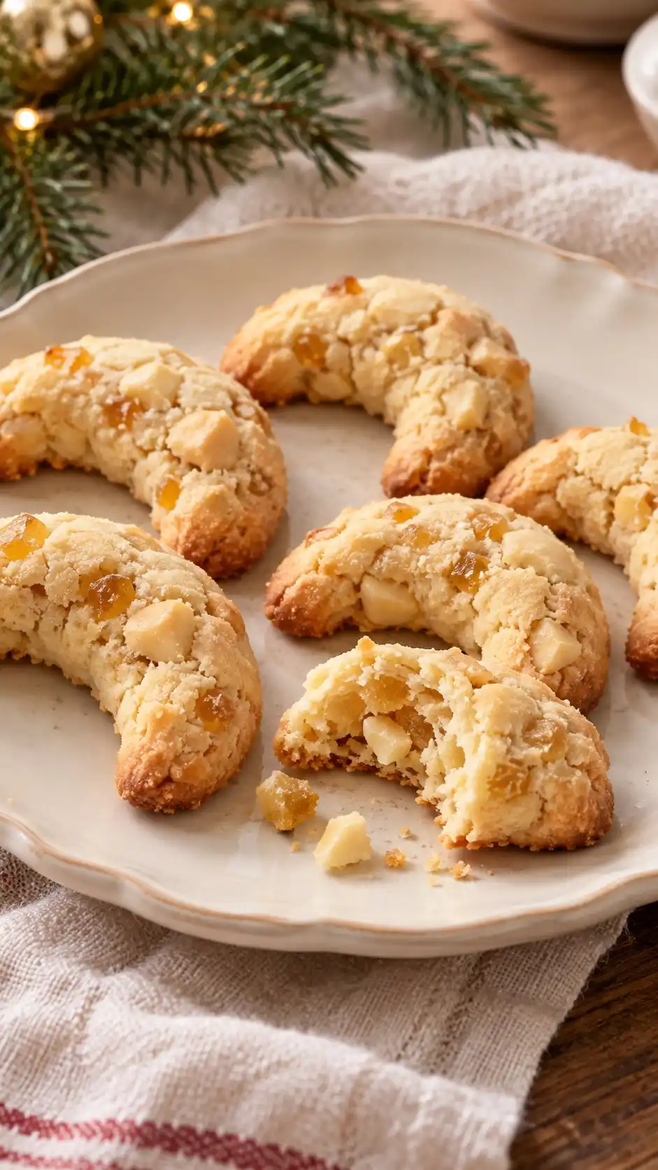 Buttery crescents combine crunchy macadamia pieces with bright candied ginger for a rich, aromatic cookie tin addition.