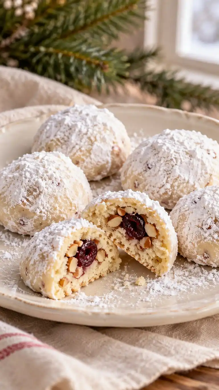 Powdered sugar-coated shortbread rounds hide a small dried cherry and toasted almond center, giving each snowball a surprise filling.