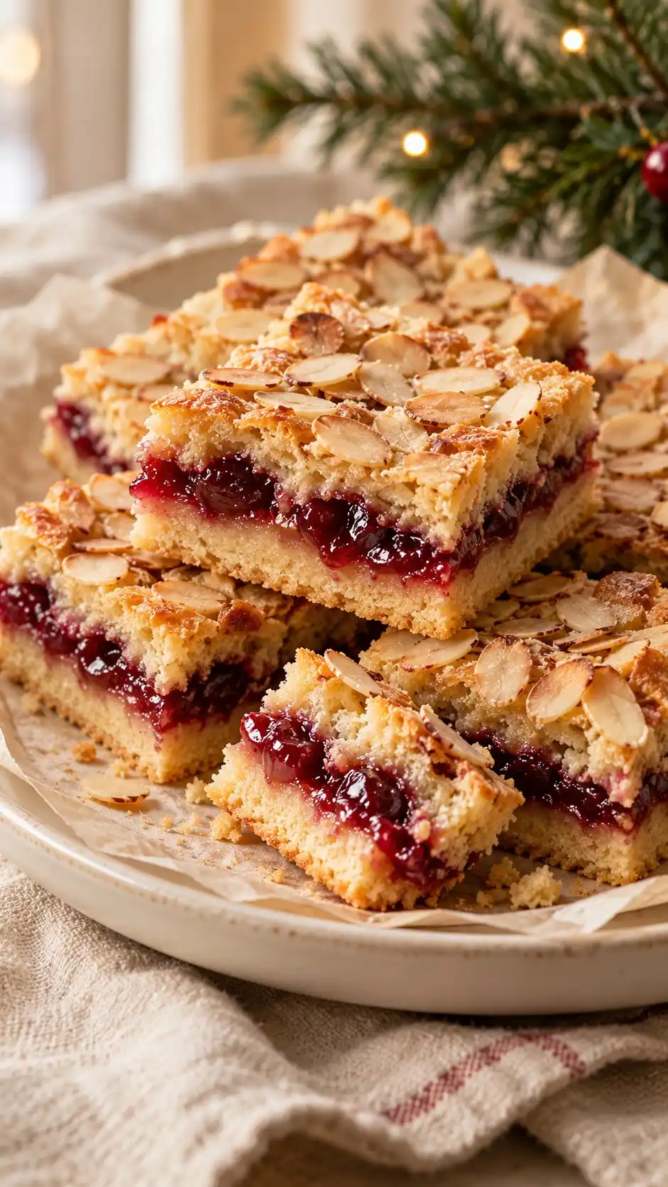 A true shortbread base carries cherry jam and a baked almond frangipane layer for Christmas tea.
