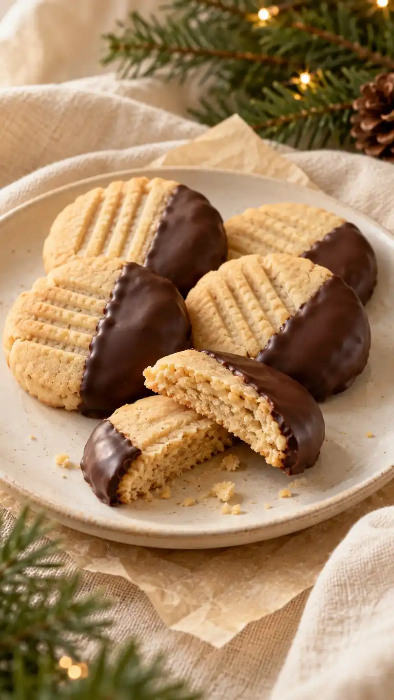 Whipped cornstarch shortbread with a modest peanut-butter addition and a half-chocolate dip.