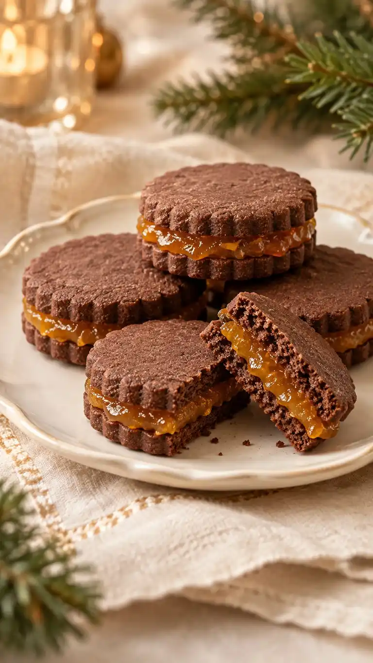 Cooked-yolk cocoa shortbread sandwiches with a thin orange-marmalade filling.