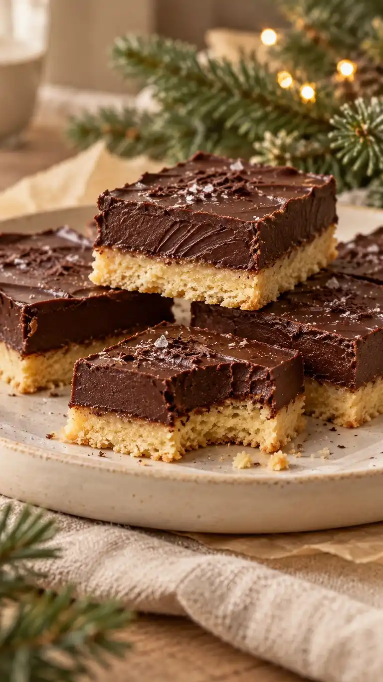 A fully baked shortbread base supports a chilled dark-chocolate ganache layer for rich Christmas bites.