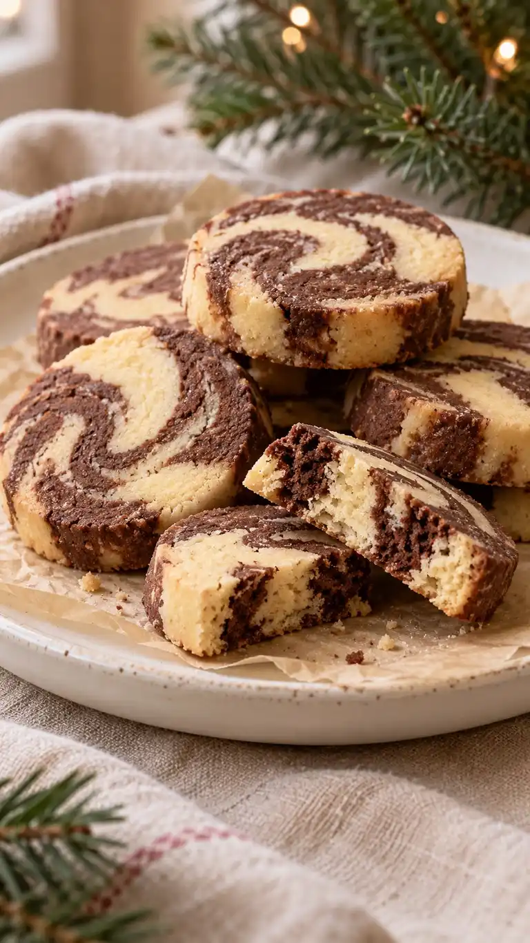Two contrasting doughs are folded together only briefly to create marbled rounds with cocoa-shortened patches.