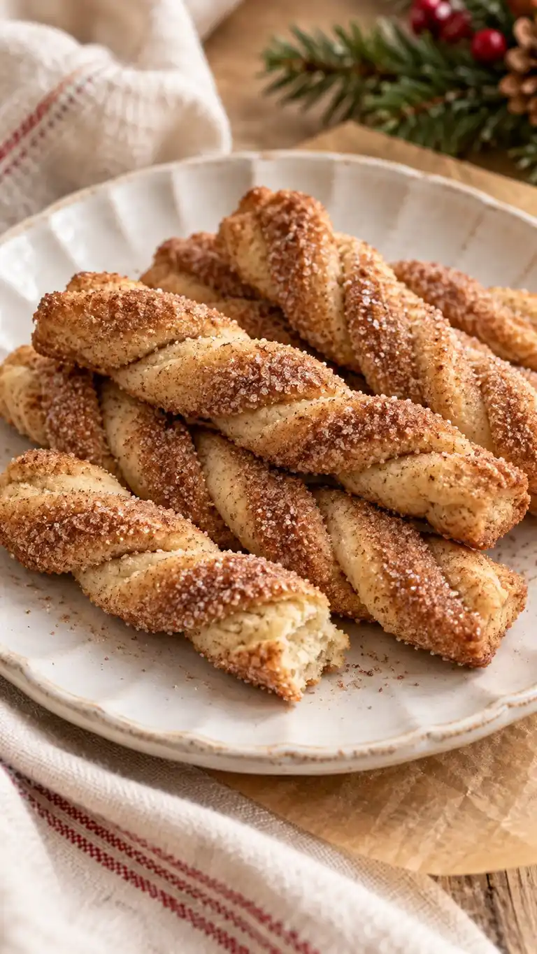 Twisted shortbread strips bake crisp and are rolled in cinnamon sugar while warm, borrowing churro flavor without a fried dough texture.