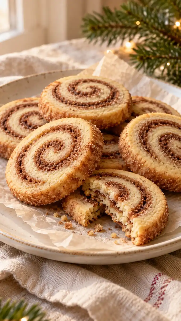 A yolk-bound rolled shortbread wraps a thin cinnamon-butter layer into tidy Christmas spirals.