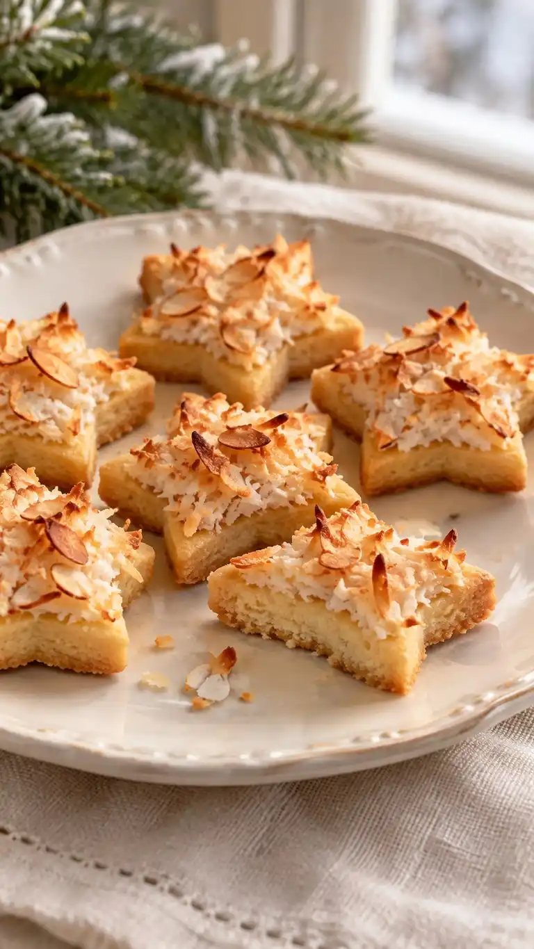 A thin toasted coconut-almond meringue layer crowns small shortbread stars, combining a crisp top with a buttery base.