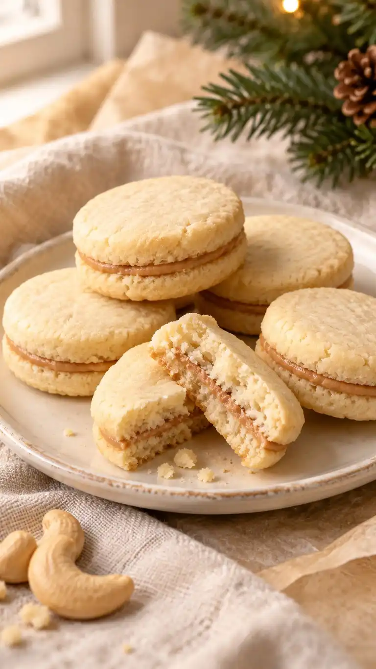 Tender cornstarch-cashew shortbread discs with a thin cashew-butter joining layer.