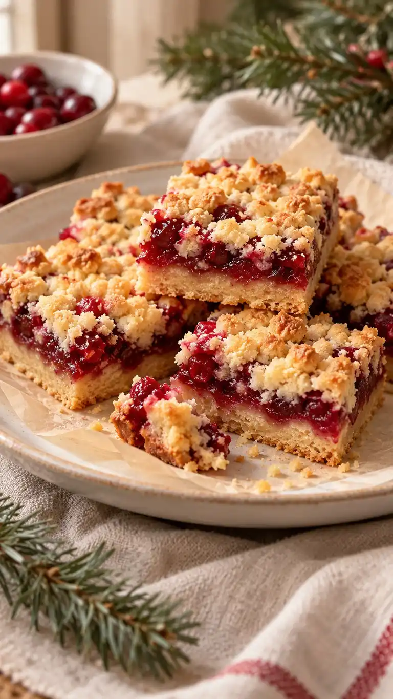 Fresh cranberry filling sits between a pressed shortbread base and a loose buttery crumble of the same dough.