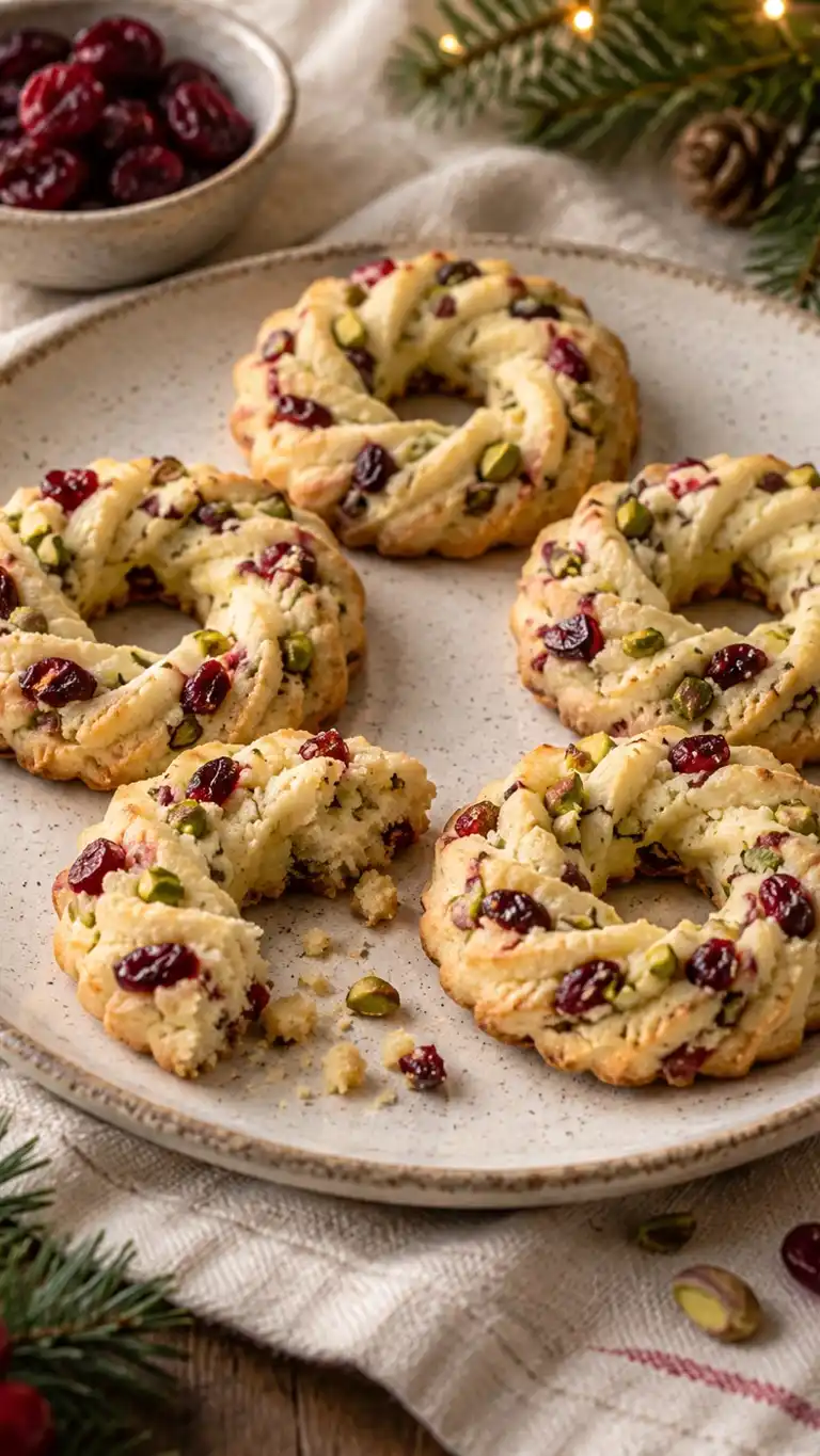 Tender butter dough flecked with tart cranberry and pistachio is shaped into small wreaths that hold their pattern after baking.