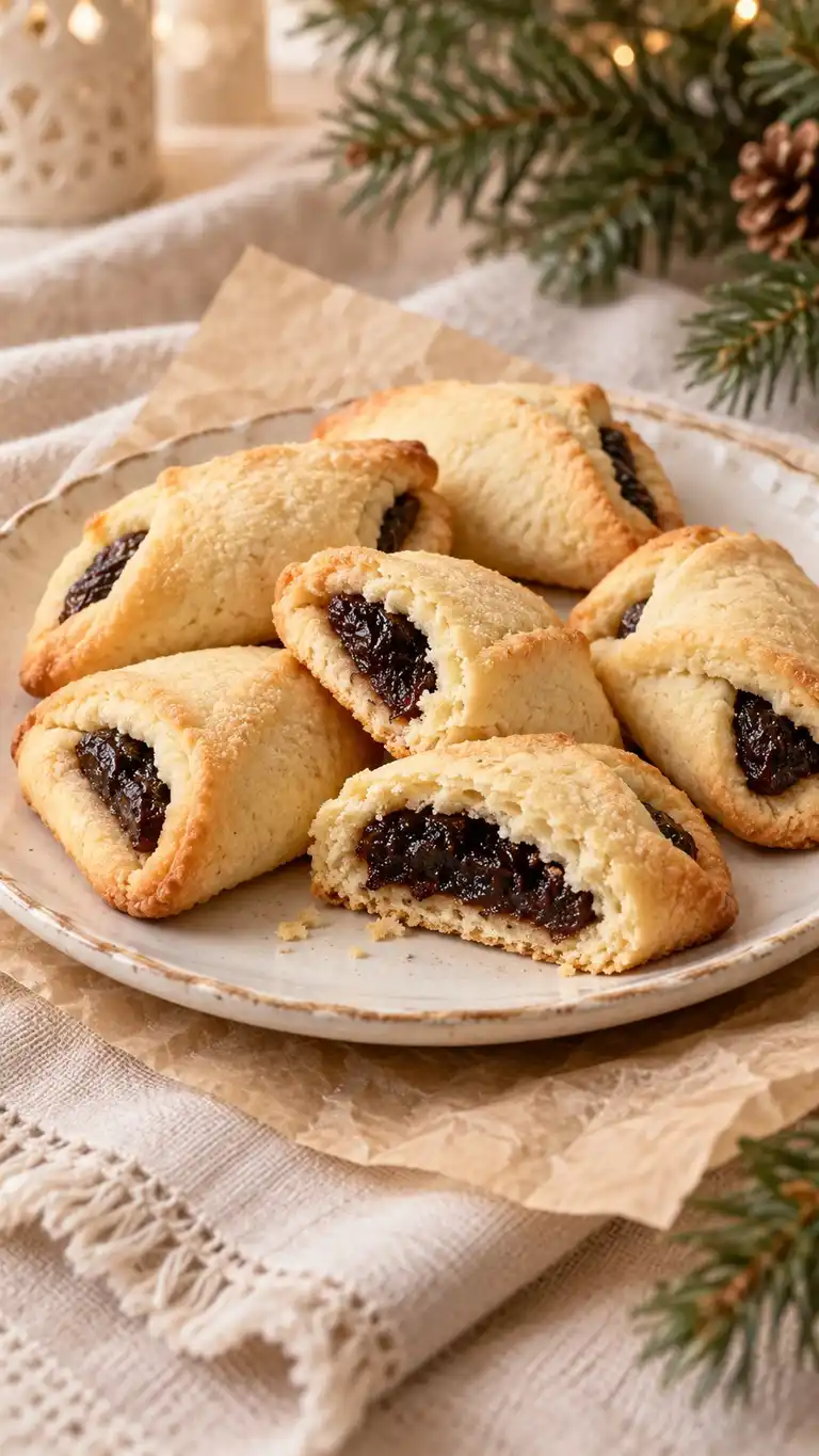 Eggless cream-cheese shortbread pastry folded around a thick cooked-prune filling. Shortbread-inspired cream-cheese pastry, not a claim of traditional Scottish shortbread.