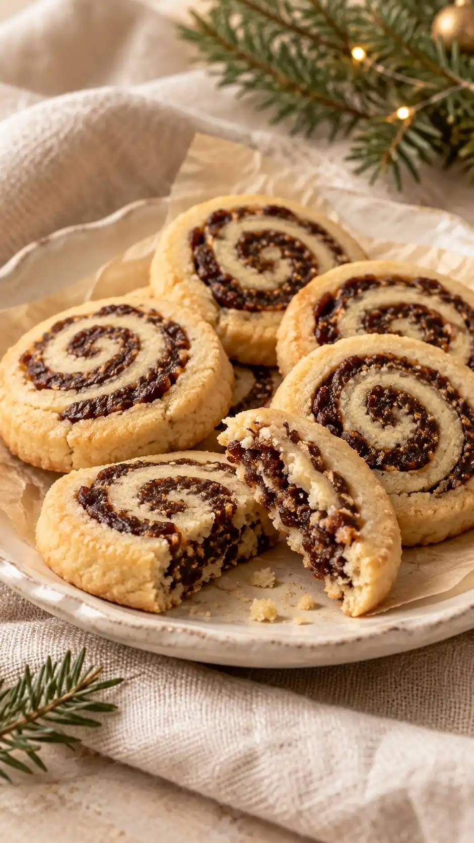 Tahini shortbread sliced into pinwheels around a cooked, unsweetened date filling.