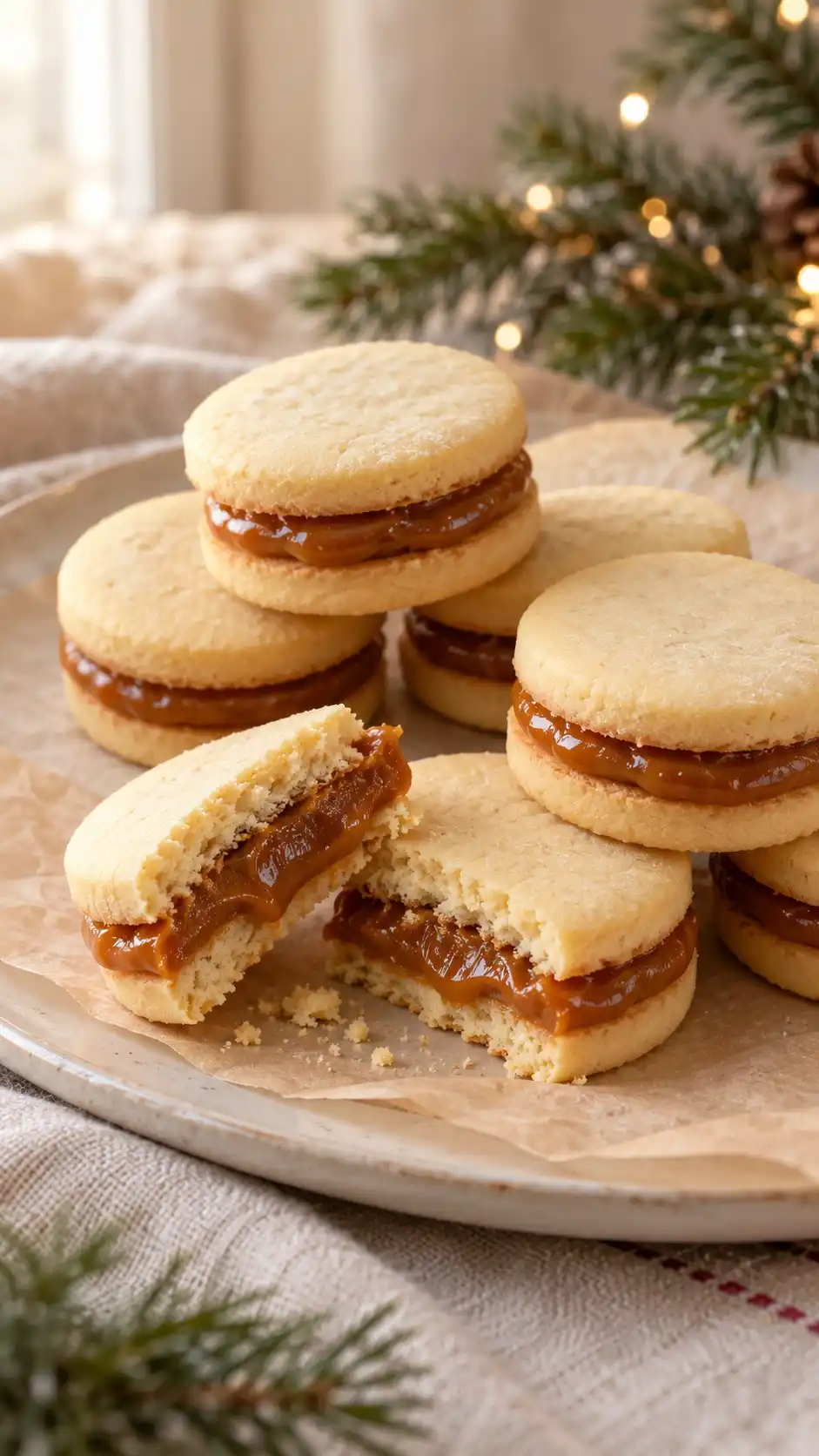 Cornstarch-rich shortbread halves enclose a firm dulce de leche layer in small caramel sandwiches.
