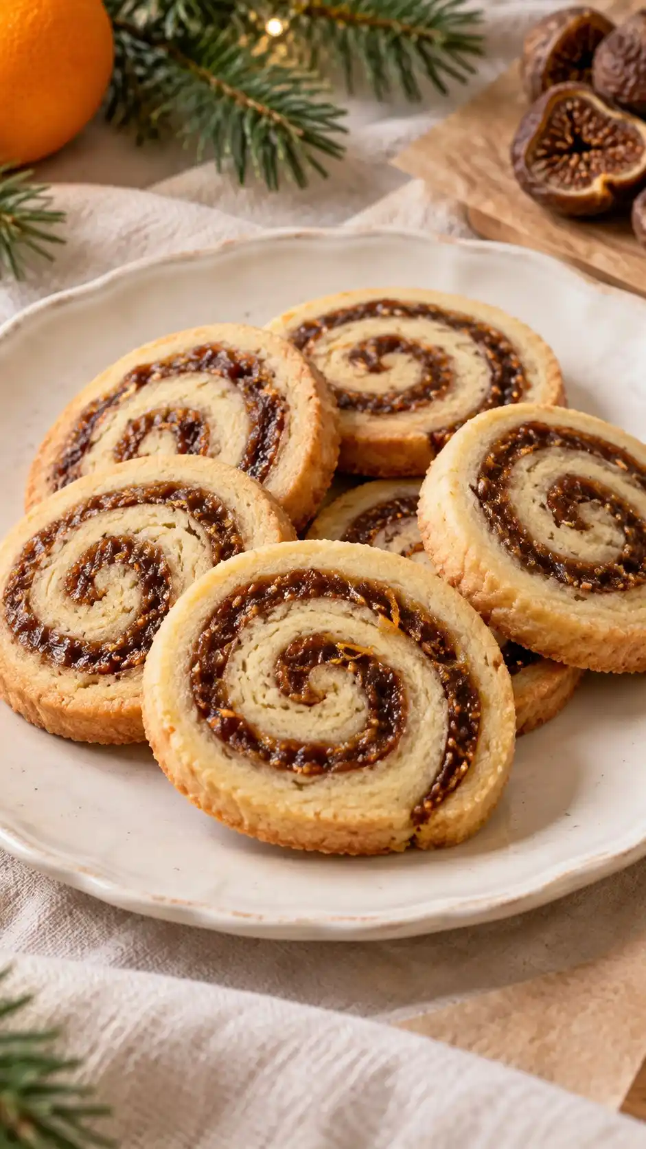 A thin layer of cooked fig and orange paste spirals through a slice-and-bake dough for neat, fruit-filled holiday pinwheels.