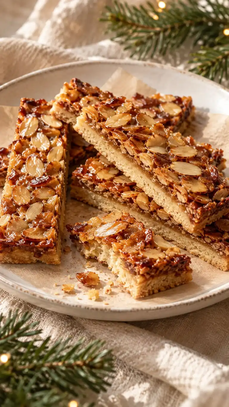 A thin honey-caramel almond topping bakes onto a shortbread base for chewy-crisp Christmas bars.