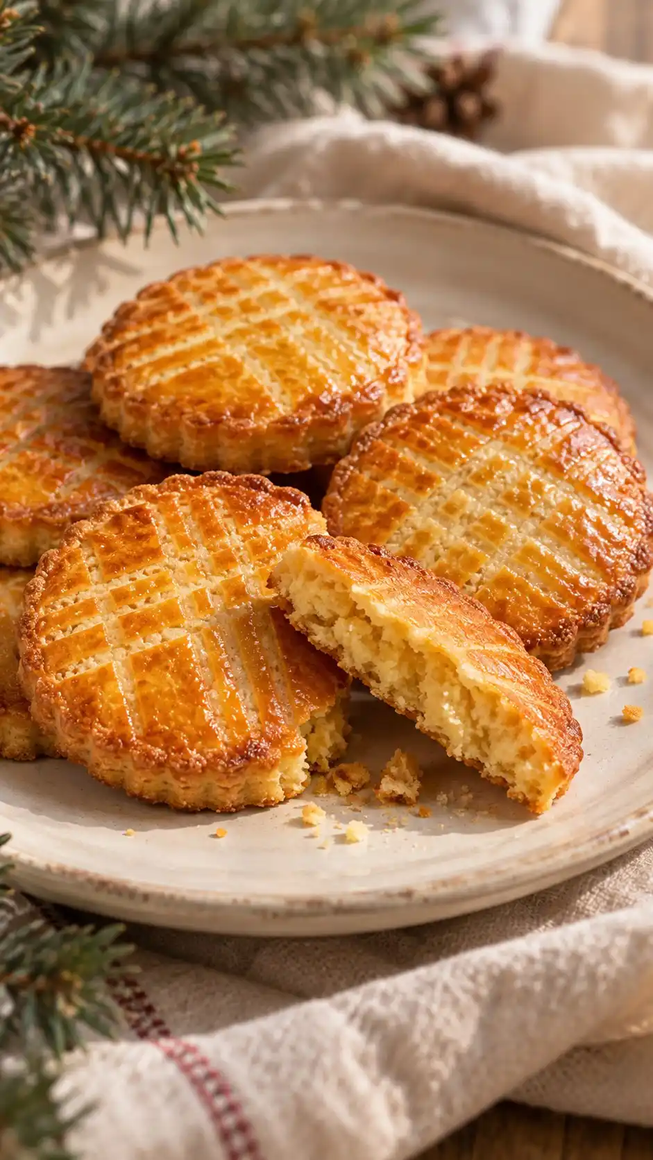 Yolk-enriched French-style sablés with a delicate sandy crumb and a brushed, crosshatched surface.