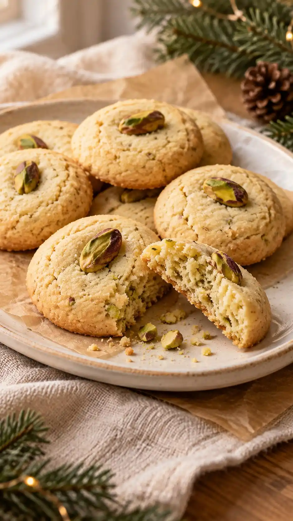 Ghee-based, ghorayeba-inspired cookies with a low-moisture crumb and a single pistachio on top.