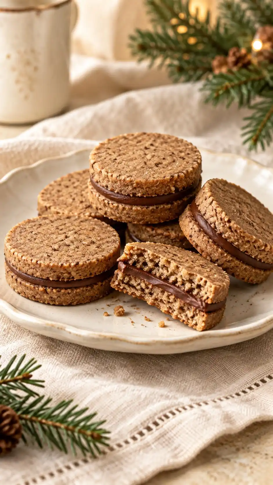 Gluten-free buckwheat-hazelnut shortbread discs with a thin nut-chocolate filling.