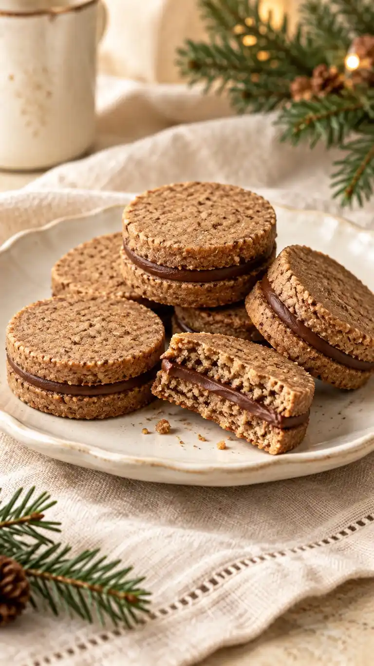 Gluten-free buckwheat-hazelnut shortbread discs with a thin nut-chocolate filling.