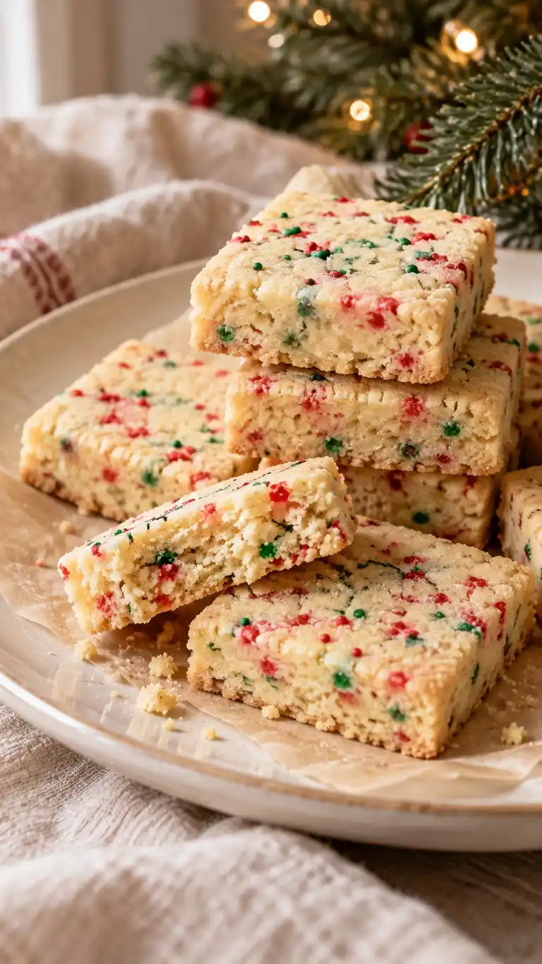 A specified gluten-free blend binds a firm, rollable shortbread studded with red and green jimmies.