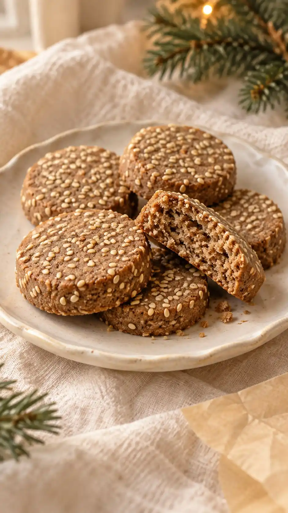 Gluten-free teff-and-rice shortbread rounds with sesame throughout and a brief hydration rest.