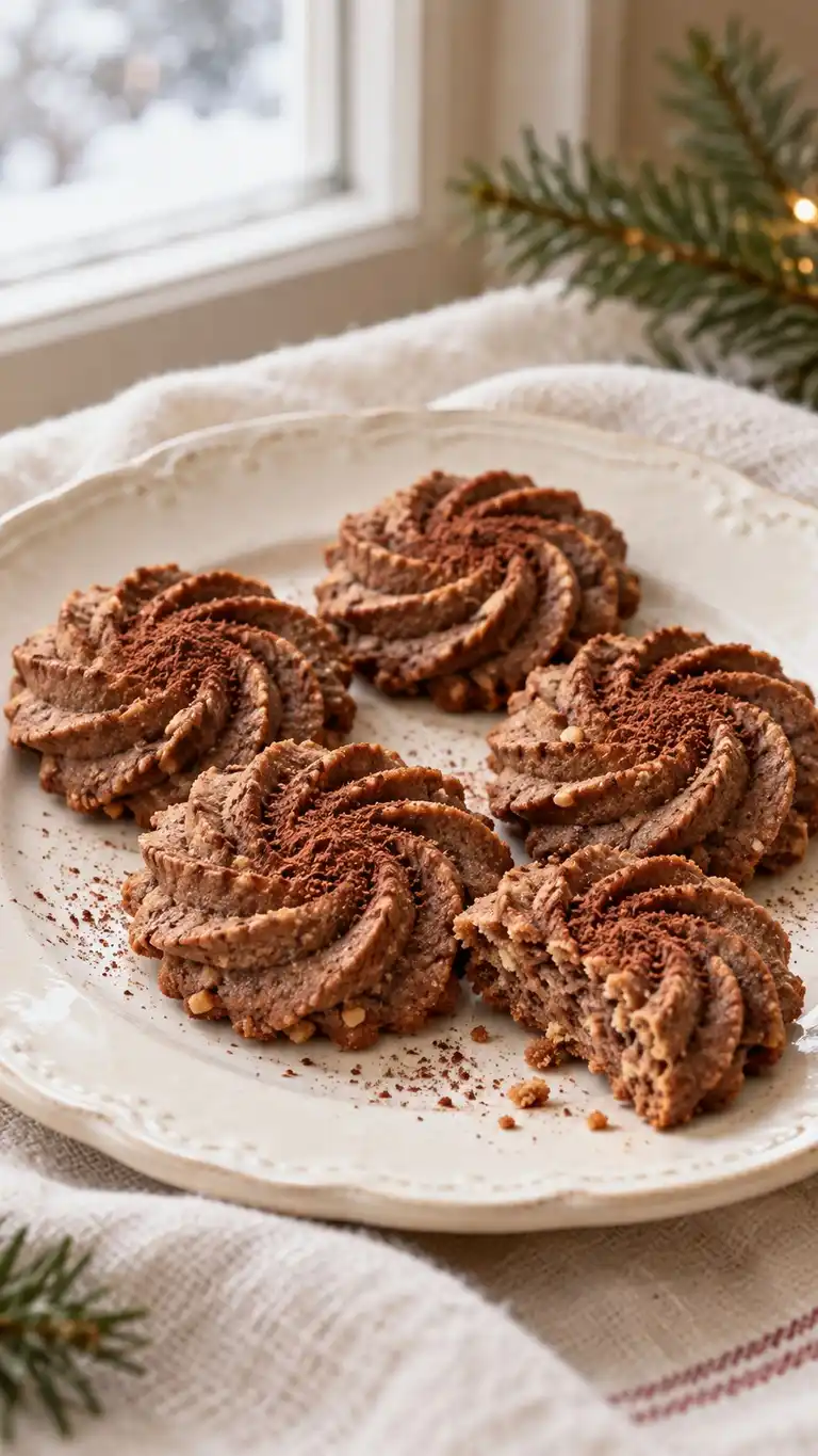 Cocoa, espresso and toasted hazelnut flavor piped rosettes with ridged edges, baked until crisp and lightly dusted with cocoa.